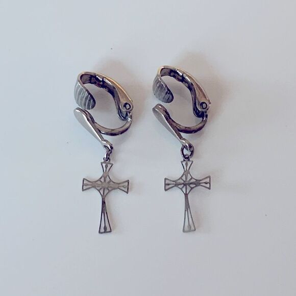 Vintage Silver Cross Clip Earrings - Picture 1 of 4